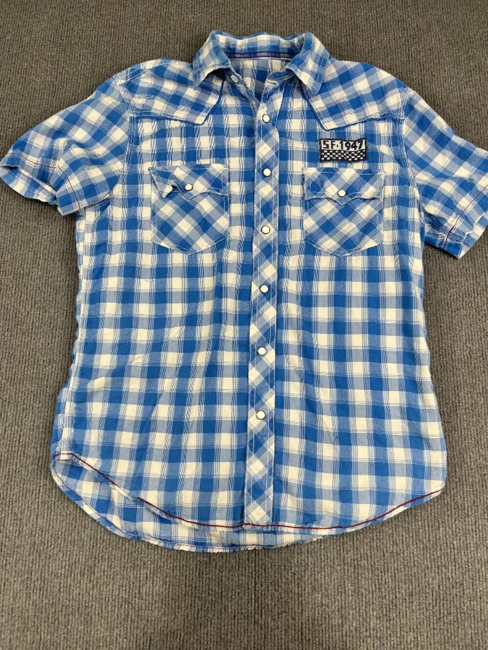 Arizona Mens Blue/White Plaid Short Sleeve Western Snap Shirt M
